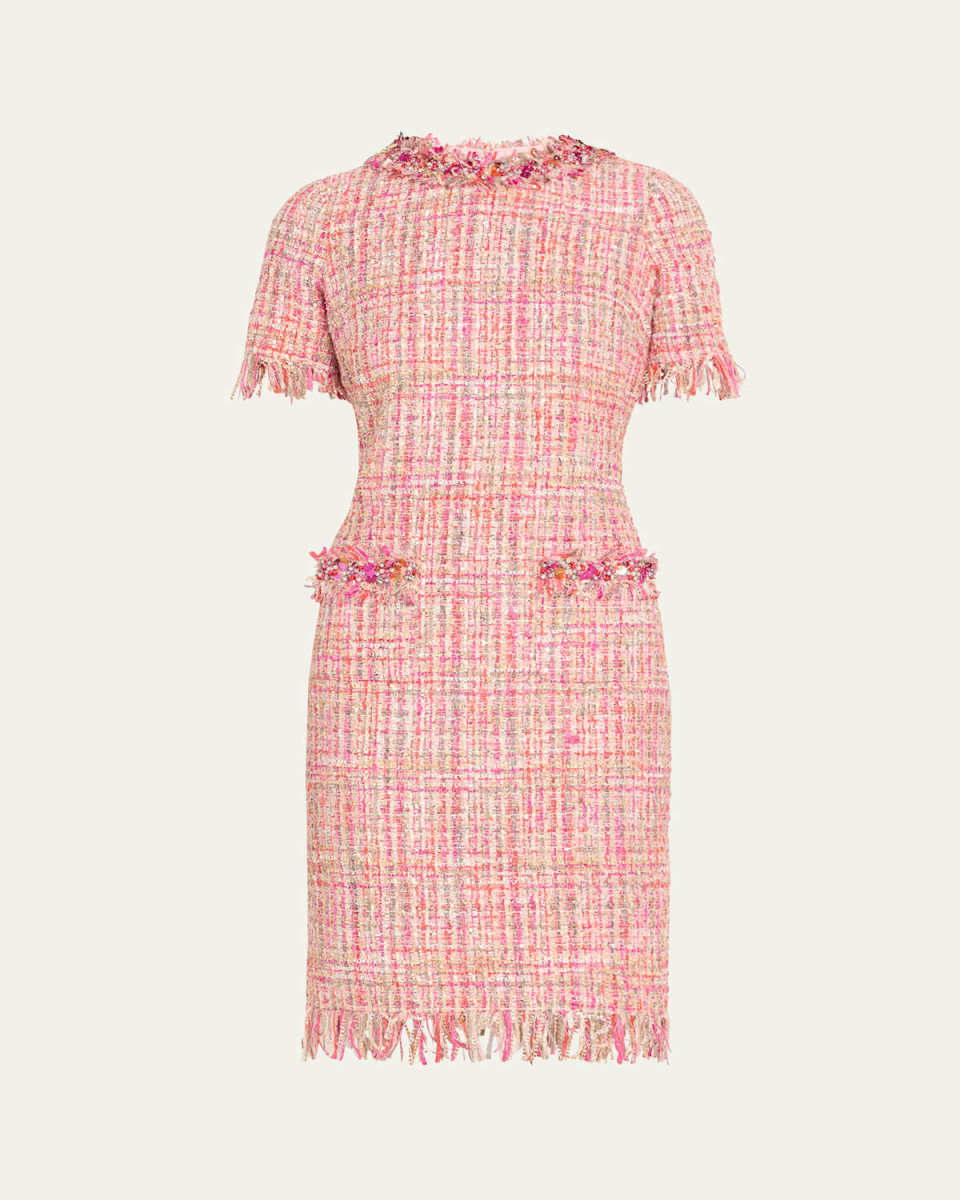 Fringe-Trim Beaded Tweed Midi Dress